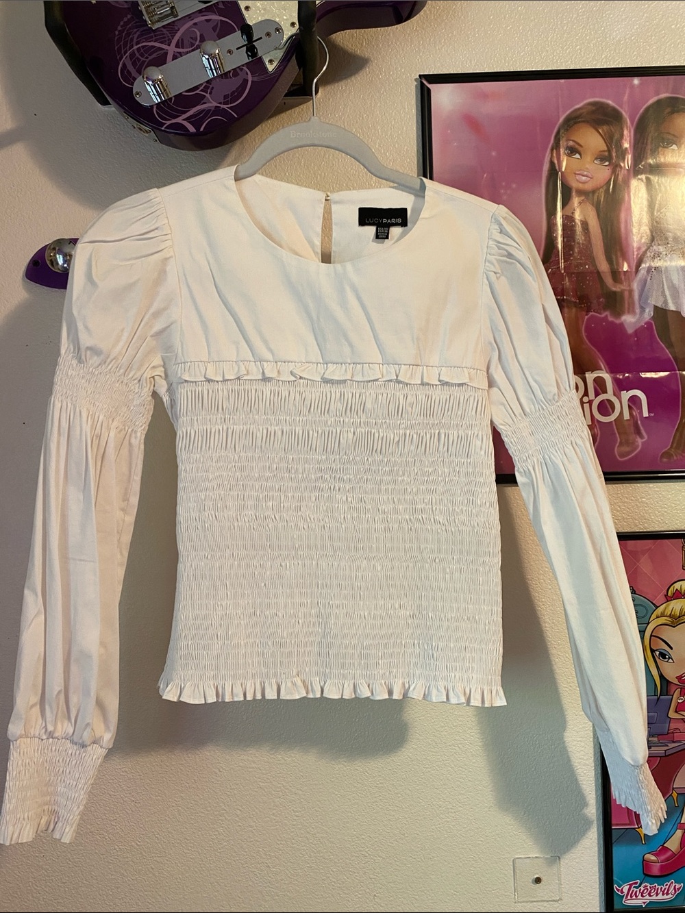 Lucy Paris White Smocked Long-Sleeve Peasant Blouse